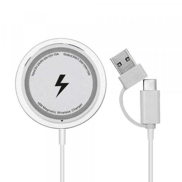 Wholesale 15W Magnetic Wireless Charger with Customizable USB-A and Type-C Dual Ports Converter for Universal Cell Phones and Qi Compatible Device (White)