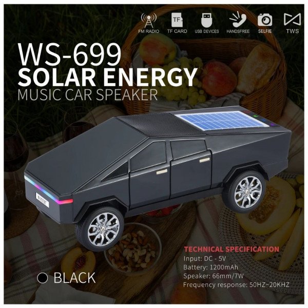 Wholesale Futuristic Cybercar-Inspired Bluetooth Speaker with Solar Charging, LED Lights & FM Radio WS699 (Black)