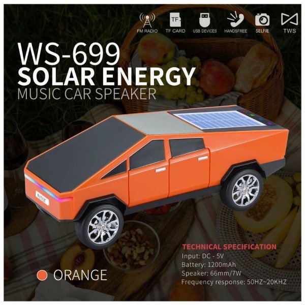 Wholesale Futuristic Cybercar-Inspired Bluetooth Speaker with Solar Charging, LED Lights & FM Radio WS699 (Orange)