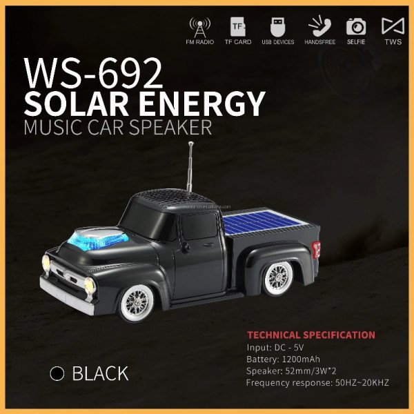 Wholesale Solar-Powered Pickup Truck Bluetooth Speaker - Portable Wireless Outdoor Audio System with Solar Charging WS692 for Universal Cell Phone And Bluetooth Device (Black)