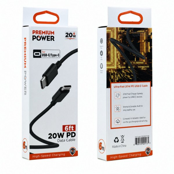 Wholesale USB C / Type C Phone, Tablet 65W PD Fast Charging USB-C to USB-C Cable 6FT (Black)