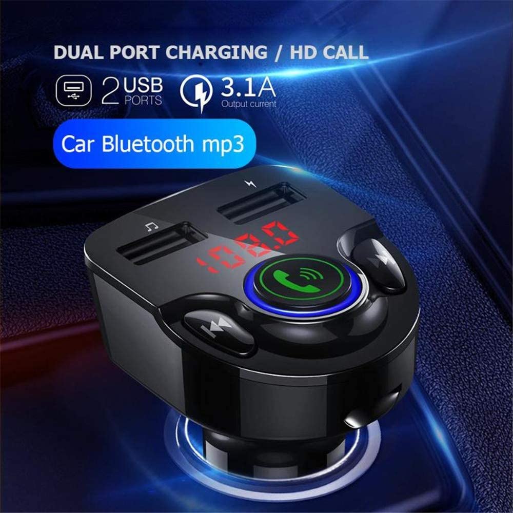 Bluetooth Car FM Transmitter, Wireless Audio Adapter Receiver with Quick Charge Dual USB Ports and Support TF Memory Card (Black)