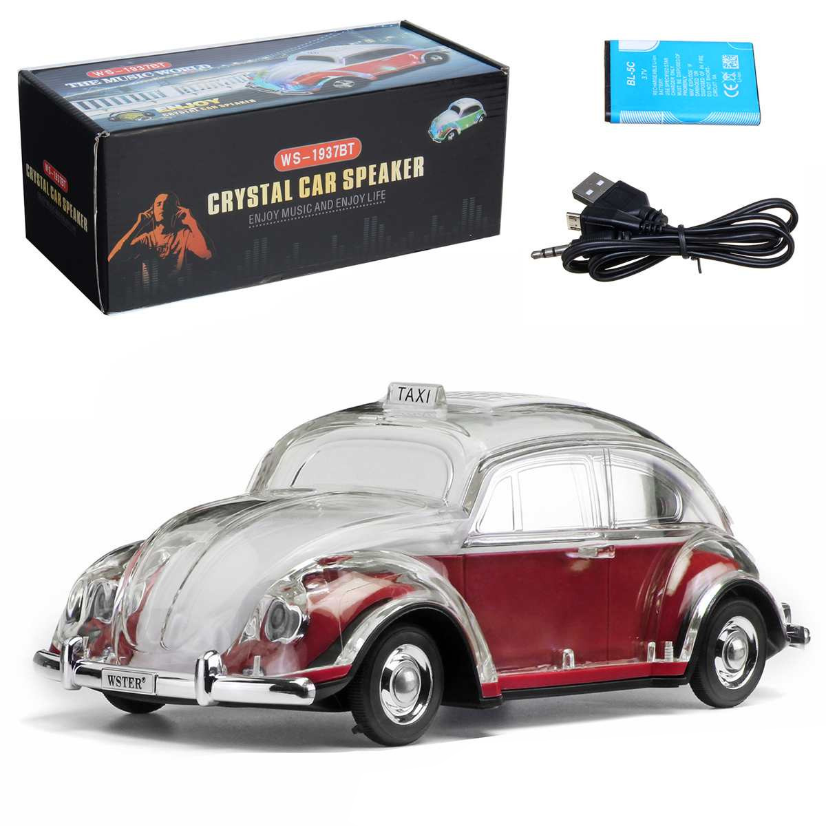 Crystal Clear Beetle Taxi Car Bluetooth Speaker for Phone & MUSIC - Portable USB Device (Red)