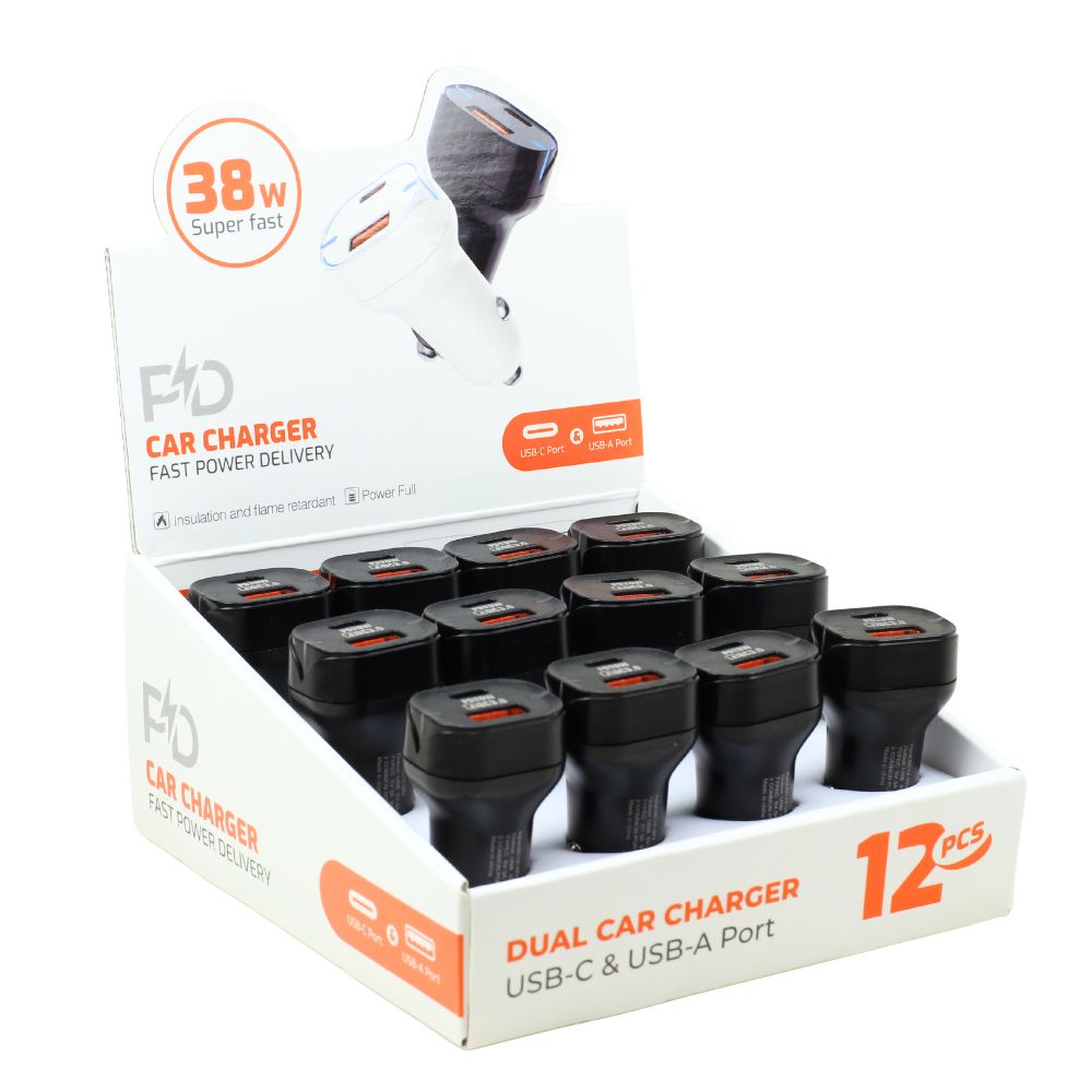 38W DuAl USB-A & Type-C FAst CAr ChArger - UniversAl Phone AdApter, 12pC DisplAy BlACk