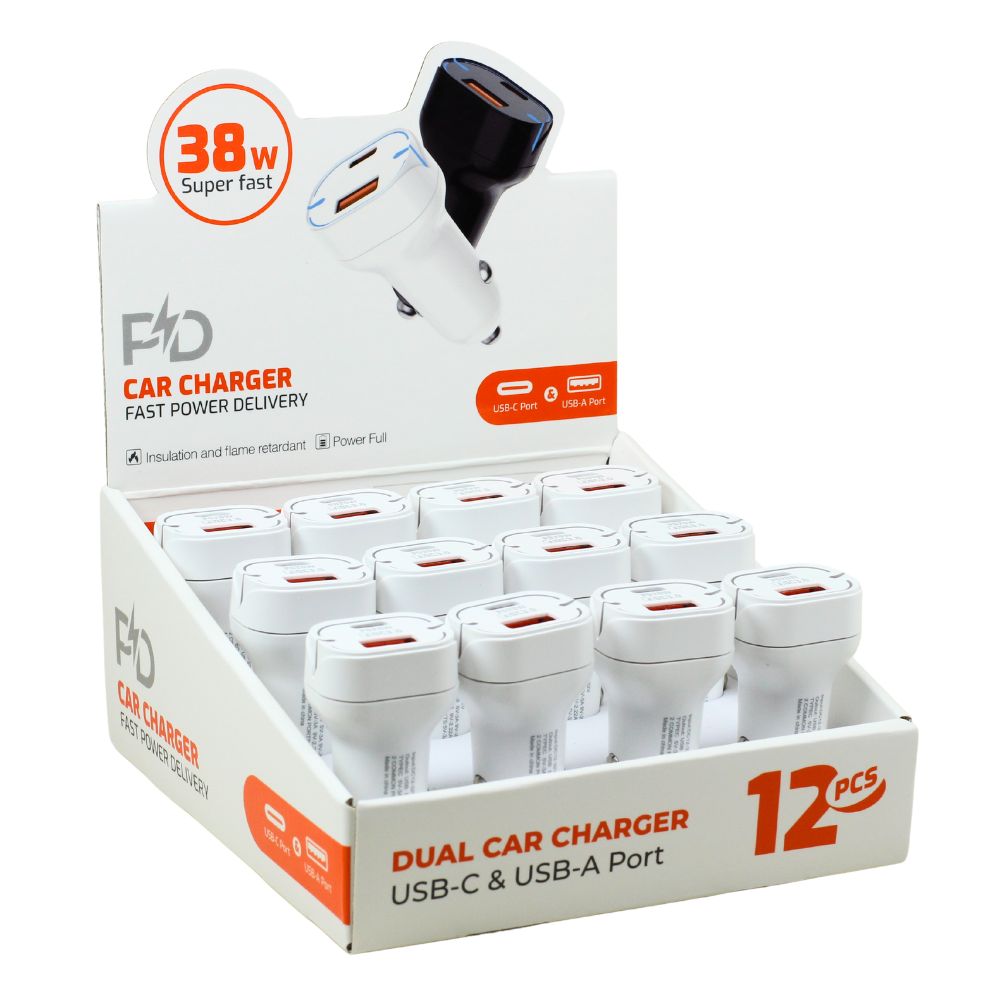 38W DuAl USB-A & Type-C FAst CAr ChArger DisplAy - 12pC UniversAl Phone AdApter (White)