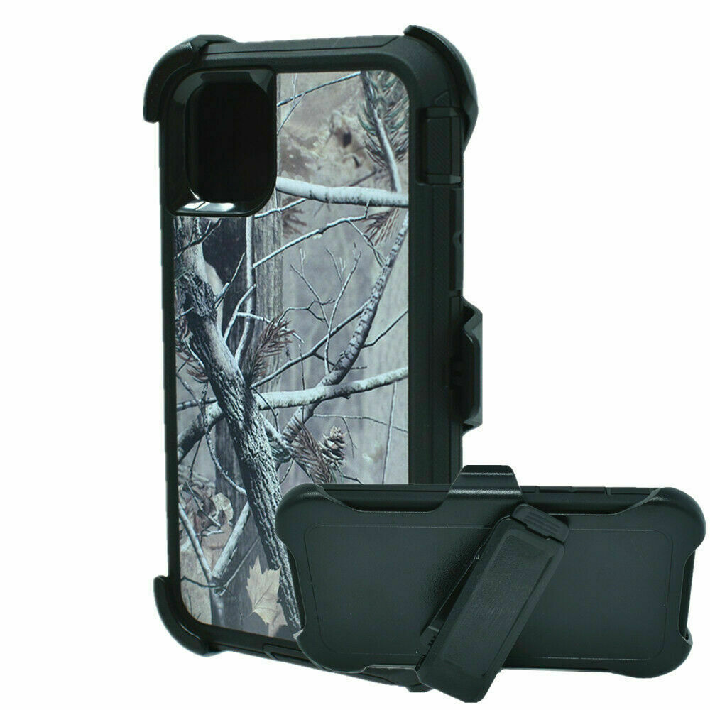 Rugged Tree Camo iPhone 15 Pro Case: Heavy-Duty Protection with Clip - Black Forest Design