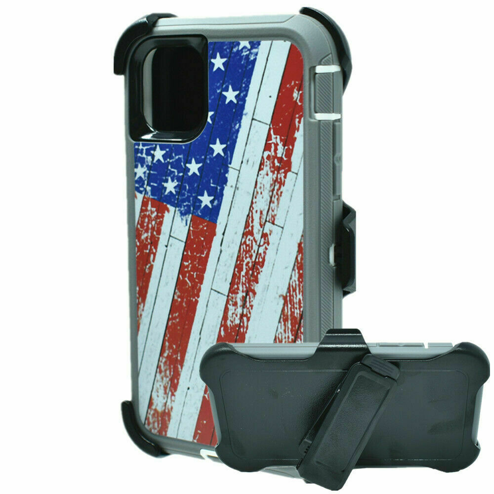 Premium Camo Heavy Duty Case with Clip for iPHONE 12 / 12 Pro 6.1 (USA-Flag)