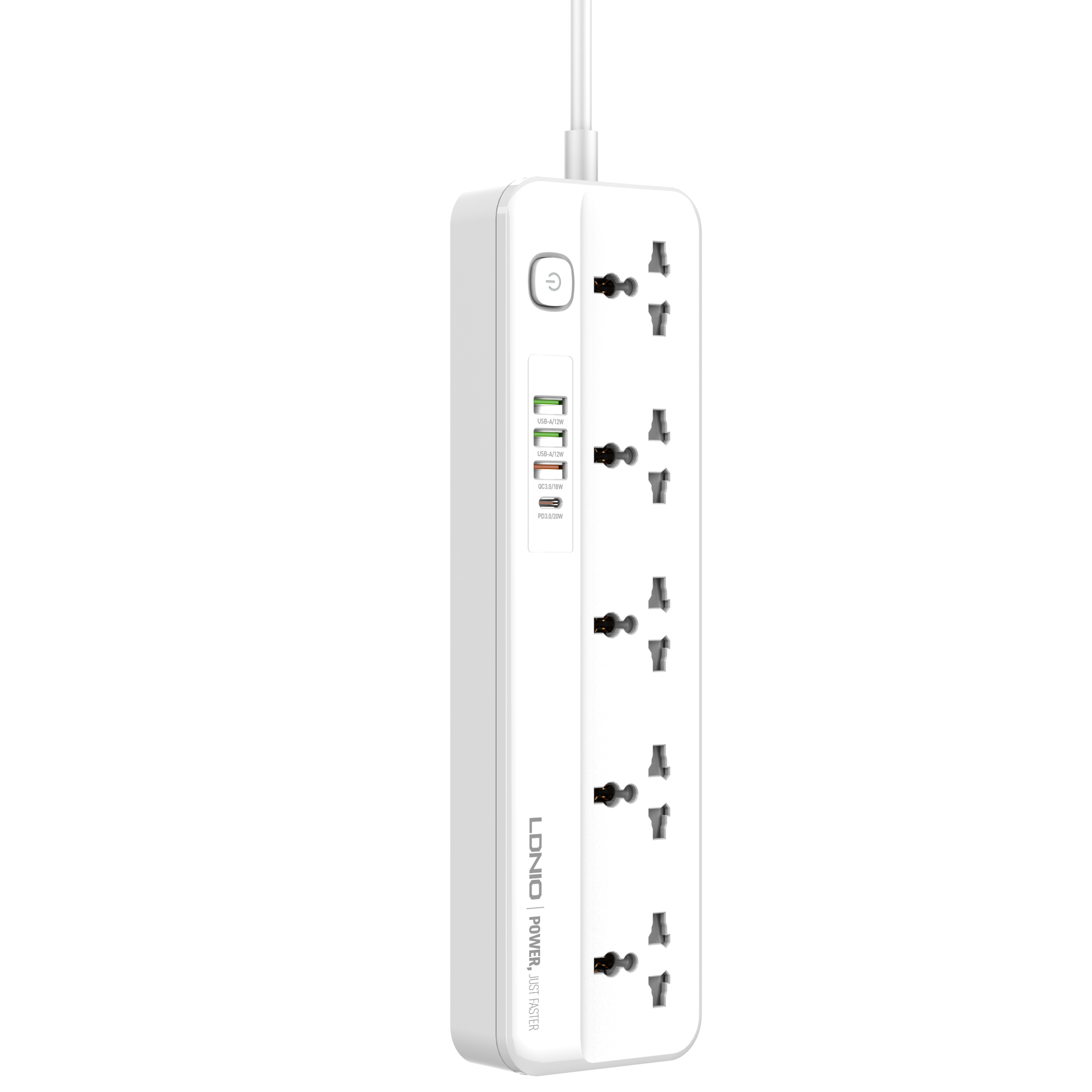 Multi-Port Power Strip: 5 Outlets, 4 USB Ports (3 USBA, 1 USBC), Switch Button, White