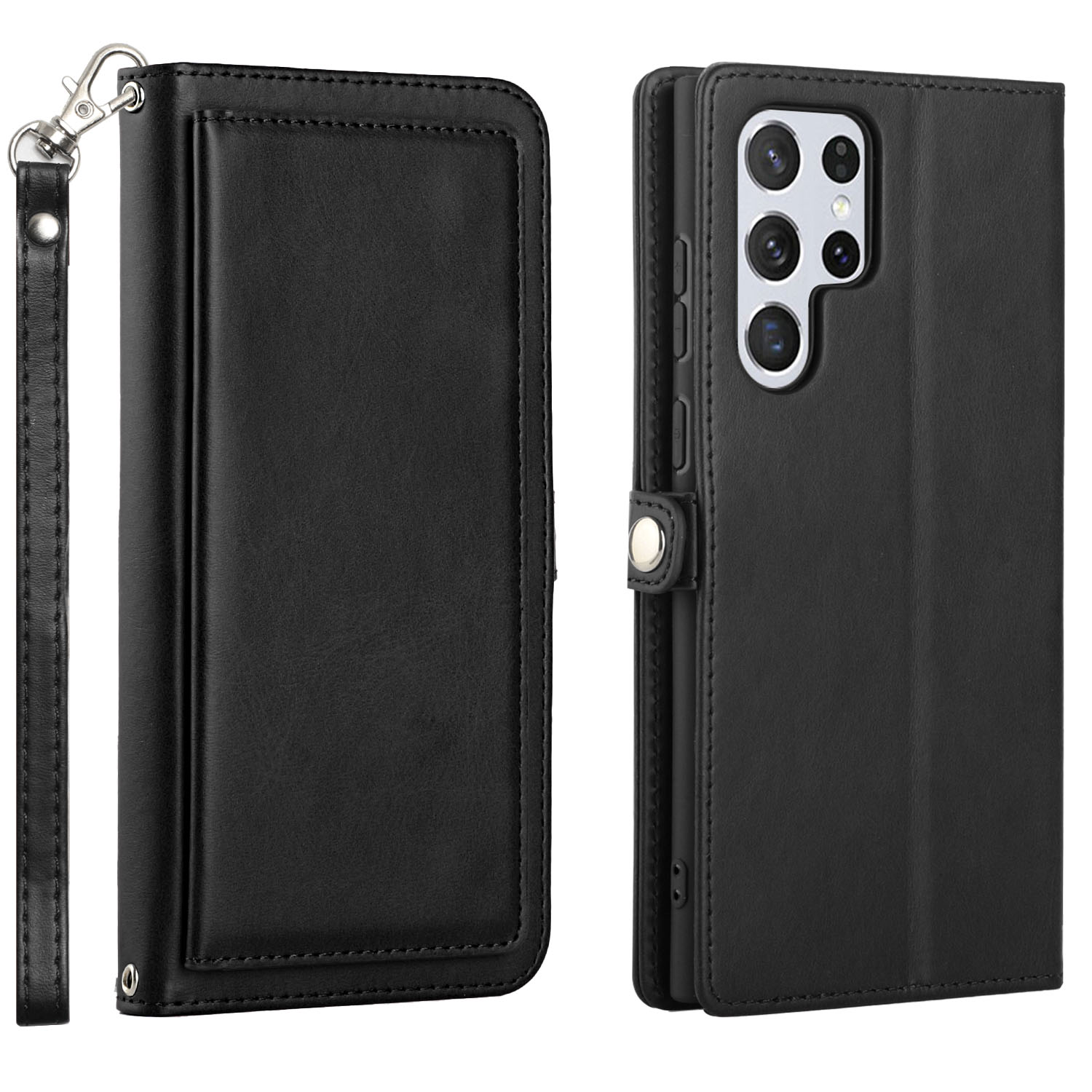 Premium PU Leather Folio WALLET Front Cover Case with Card Slots for Galaxy S23 Ultra 5G (Black)