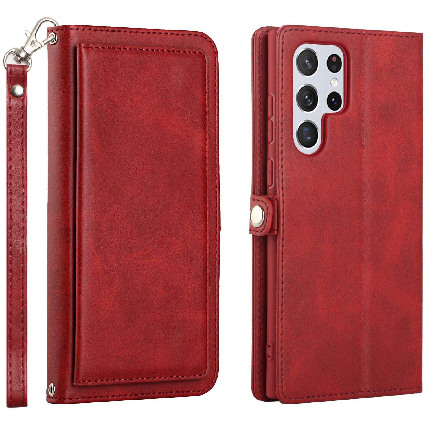 Premium PU Leather Folio WALLET Front Cover Case with Card Slots for Galaxy S23 Ultra 5G (Red)