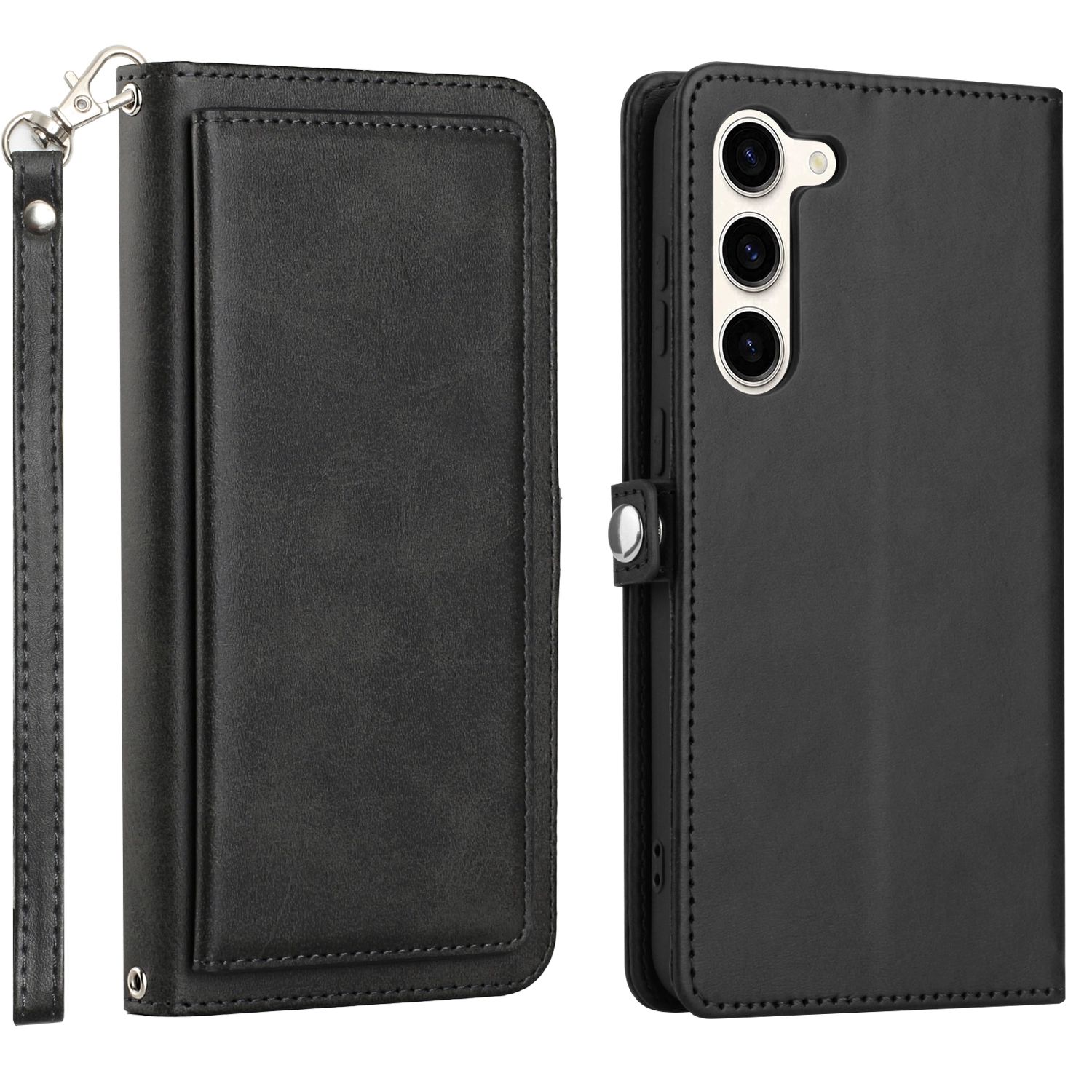 Premium PU Leather Folio WALLET Front Cover Case with Card Slots for Galaxy S23 5G (Black)