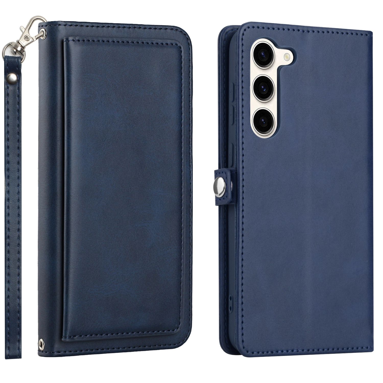 Premium PU Leather Folio Wallet Front Cover Case with Card Slots for Galaxy S23 5G (Blue)