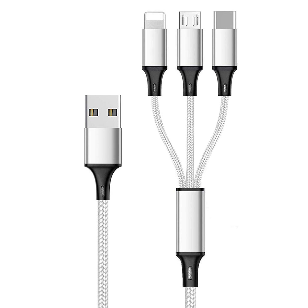 3-in-1 Nylon Braided Fast Charging Cable, USB to Type-C/Micro/Lightning, 6FT Silver