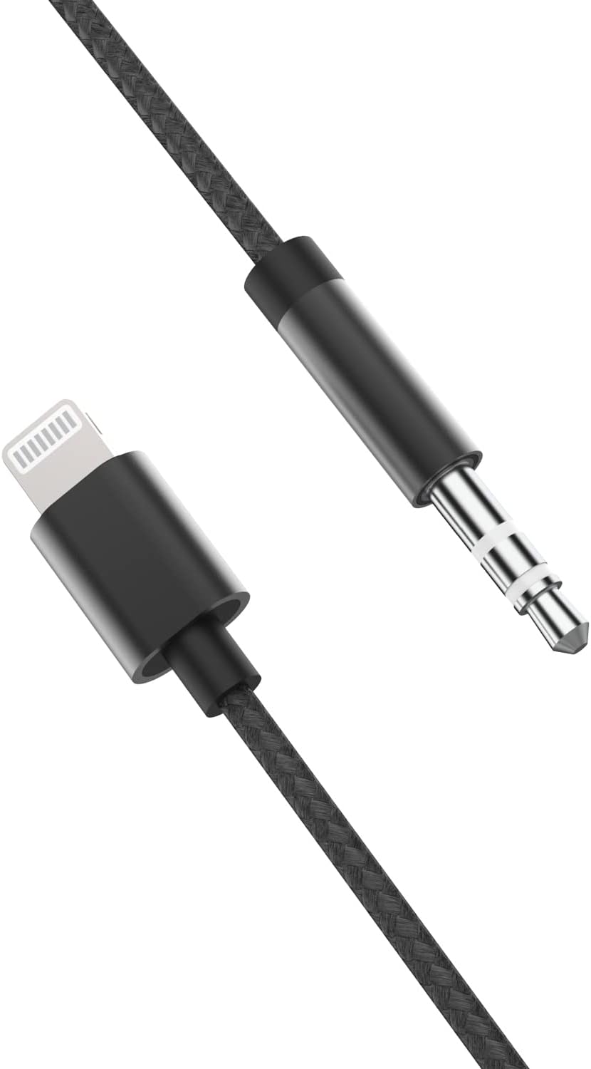 Lightning to 3.5mm Aux Cord: Braided Nylon Cable for iPhone 14 13 12 11 XS XR X 8 7 6 (Black)