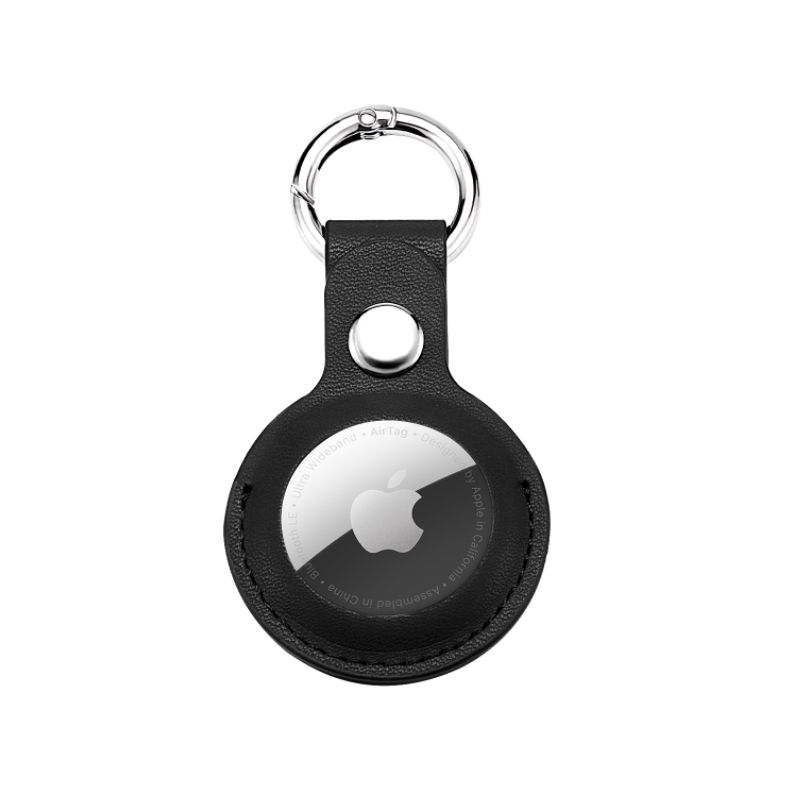 Short PU Leather AirTag Tracker Holder Loop Case Cover Ring Key Chain for Apple AirTag (Black)