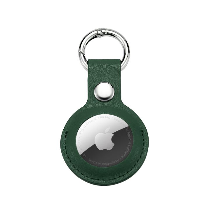 SHORT PU Leather AirTag Tracker Holder Loop Case Cover Ring Key Chain for Apple AirTag (Dark Green)