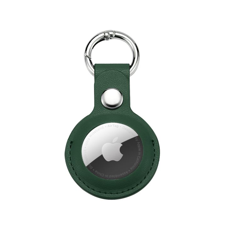 Short PU LEATHER AirTag Tracker Holder Loop Case Cover Ring Key Chain for Apple AirTag (Dark Green)