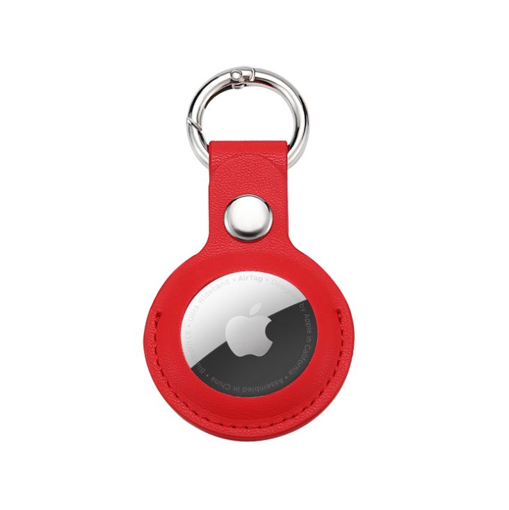 Short PU LEATHER AirTag Tracker Holder Loop Case Cover Ring Key Chain for Apple AirTag (Red)