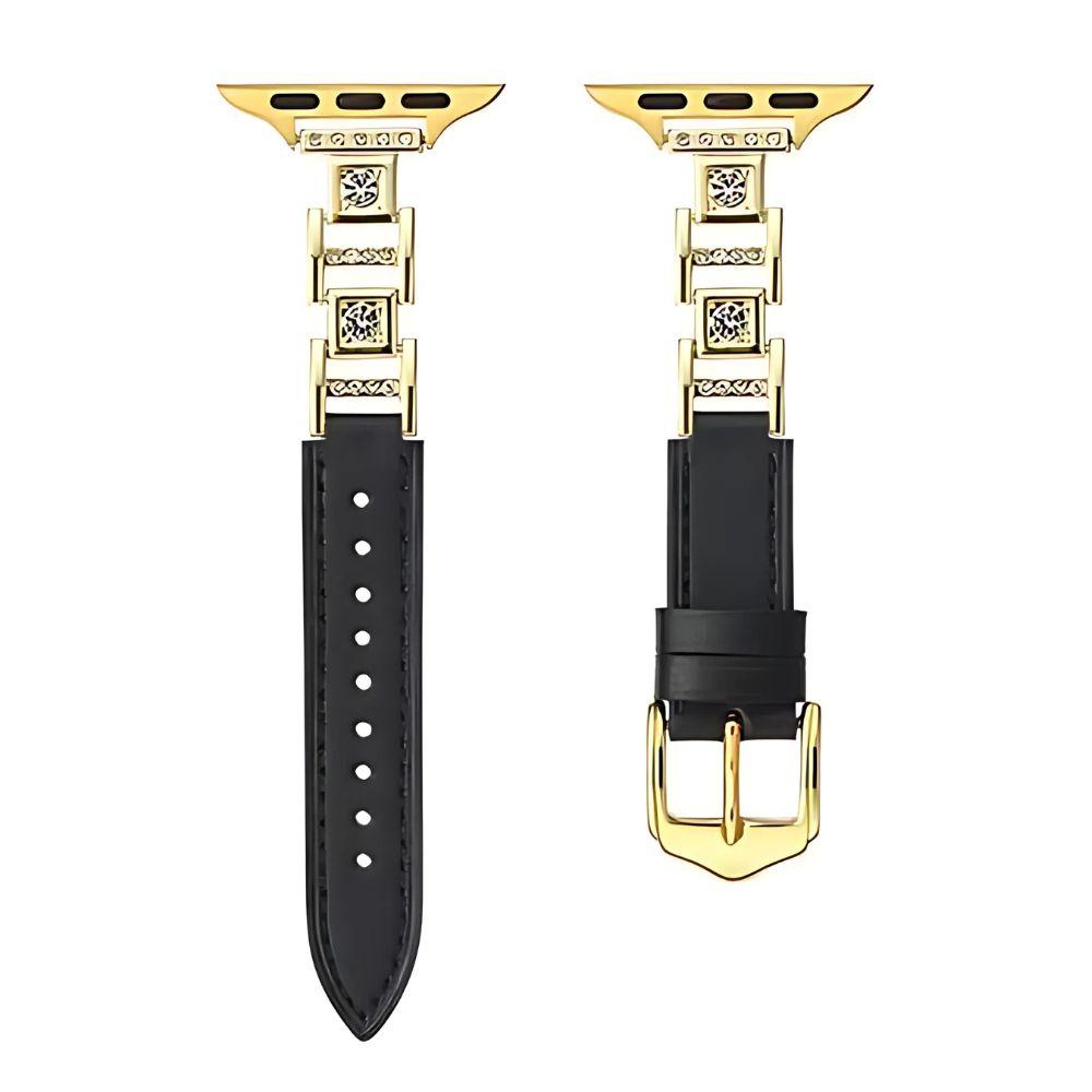 Slim Diamond Jewel PU Leather WATCH Band for Apple WATCH Series Ultra/SE 49-42MM Black/Gold