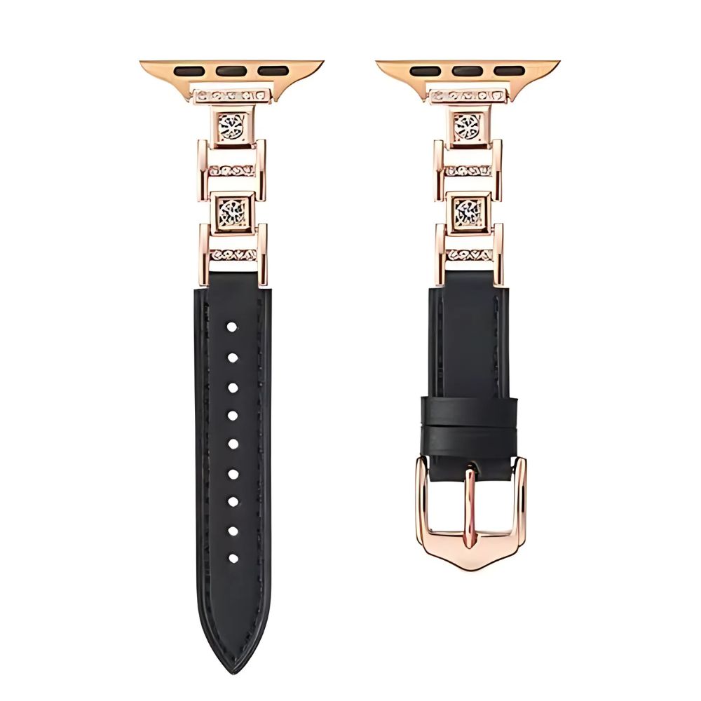 Diamond Jewel PU Leather WATCH Band for Apple WATCH Series Ultra/SE/1-10, 42-49mm Black/Rose Gold
