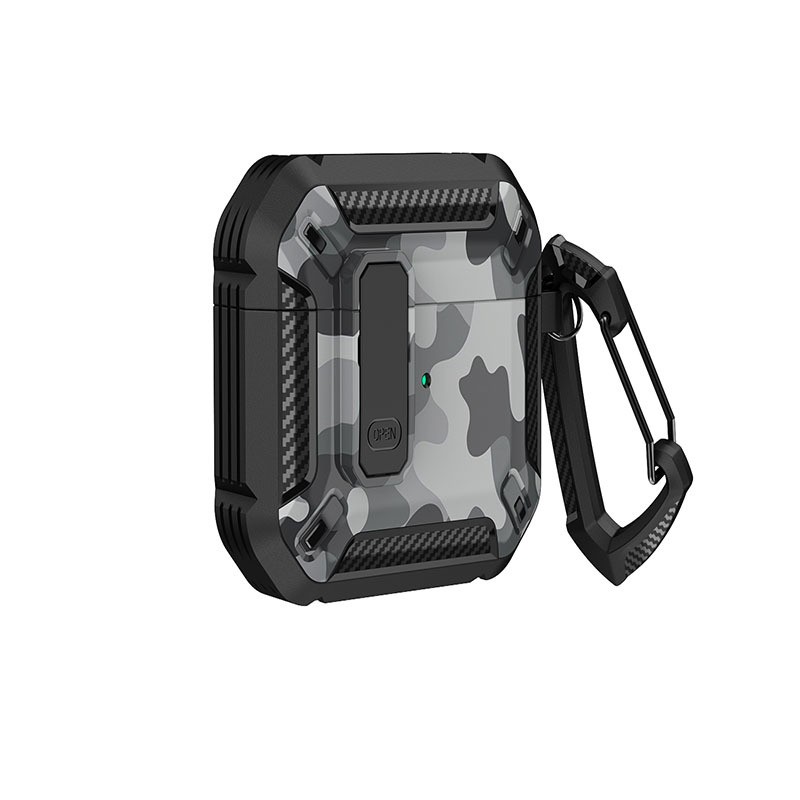 Premium Camo Armor Airpod Case: Hybrid Clip Lock & KEYCHAIN for Apple Airpod 2/1 (Gray)