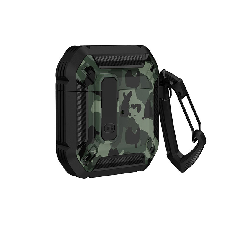 Rugged Camo AirPods Case: Strong Armor, Clip Lock & KEYCHAIN for Apple AirPods 2/1 (Green)