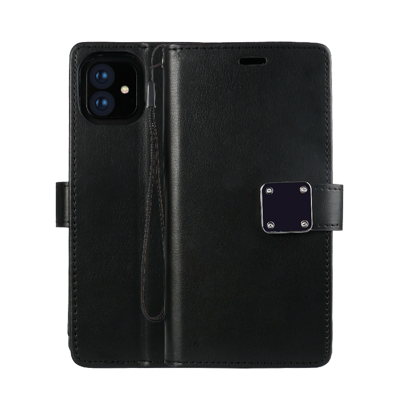 Multi Pockets Folio Flip LEATHER WALLET Case with Strap for Apple iPhone 13 (6.1) (Black)