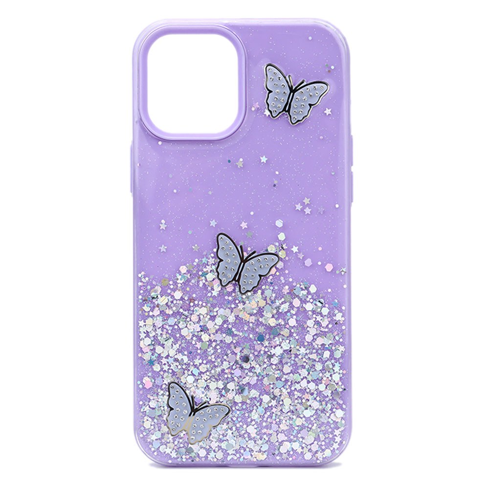 Glitter Jewel Butterfly Double Layer Hybrid Case Cover for Apple iPHONE 11 6.1 (Purple)