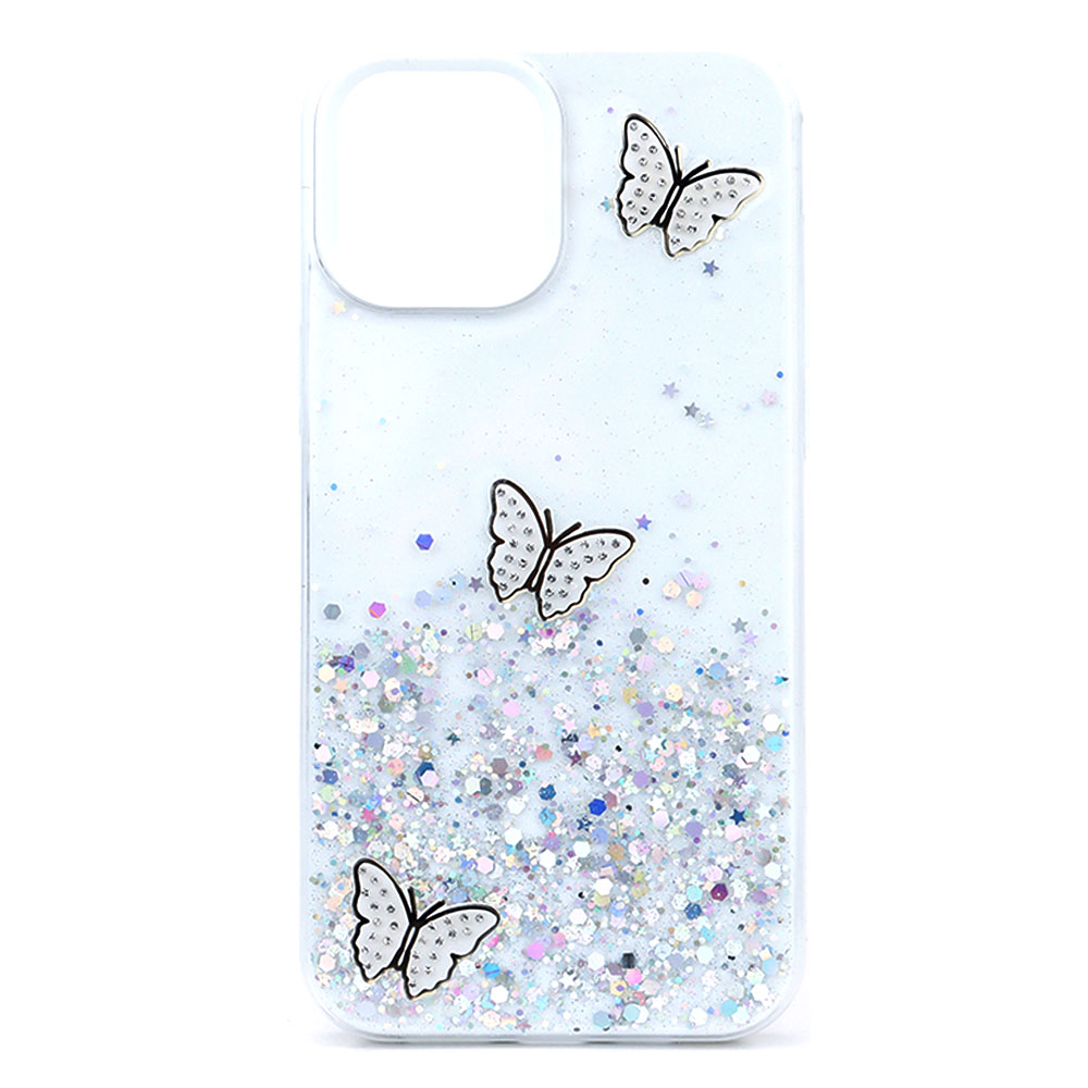 Glitter Jewel Butterfly Double Layer Hybrid Case Cover for Apple iPHONE 11 6.1 (White)