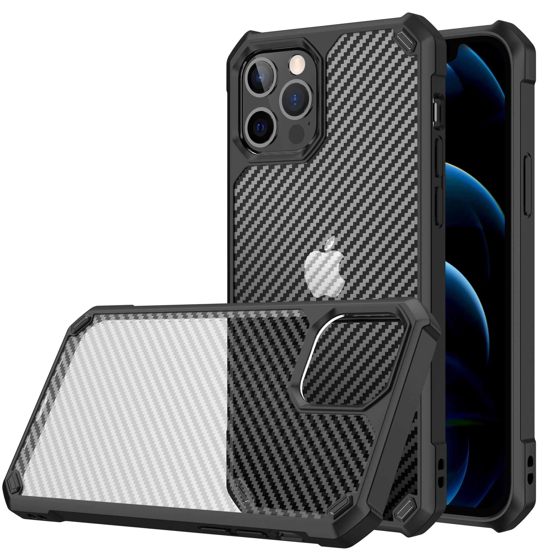 Super Armor Carbon Fiber Design Hybrid Case for Apple iPHONE 12 Pro Max 6.7 (Black)