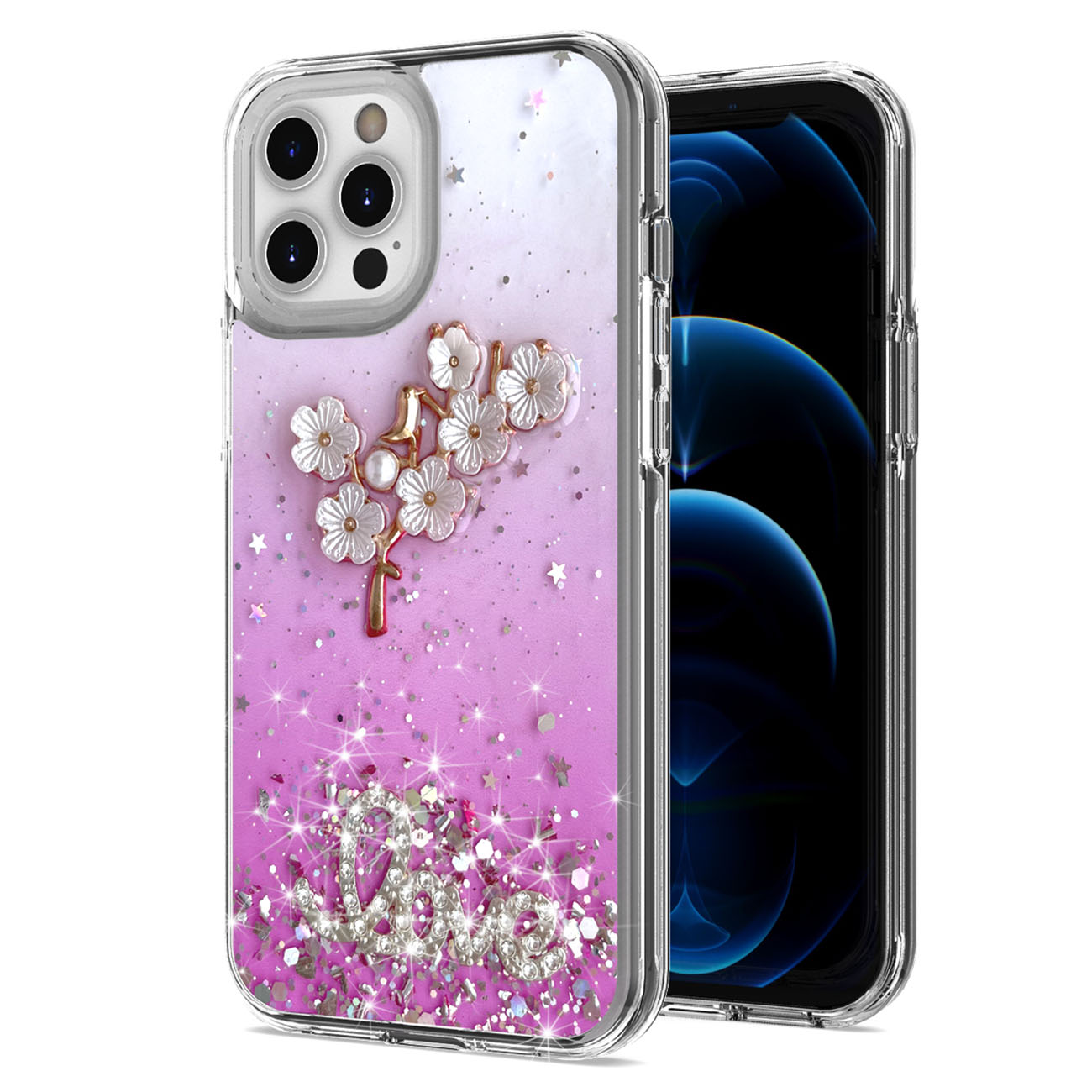 Jewel Glitter 3D Flower Love Crystal Armor Hybrid Case for Apple iPHONE 12 Pro Max (Pink)