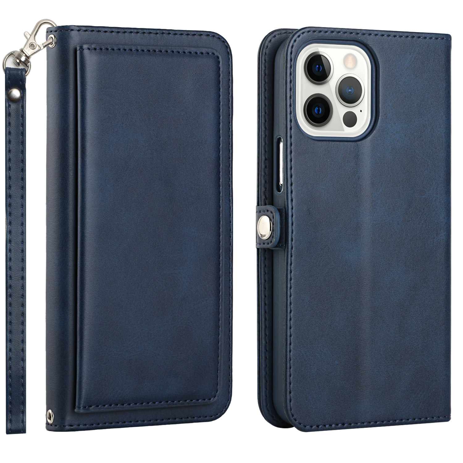 Double Layer Card Slots Flip WALLET Case with Strap for Apple iPhone 13 Pro [6.1] (Navy Blue)