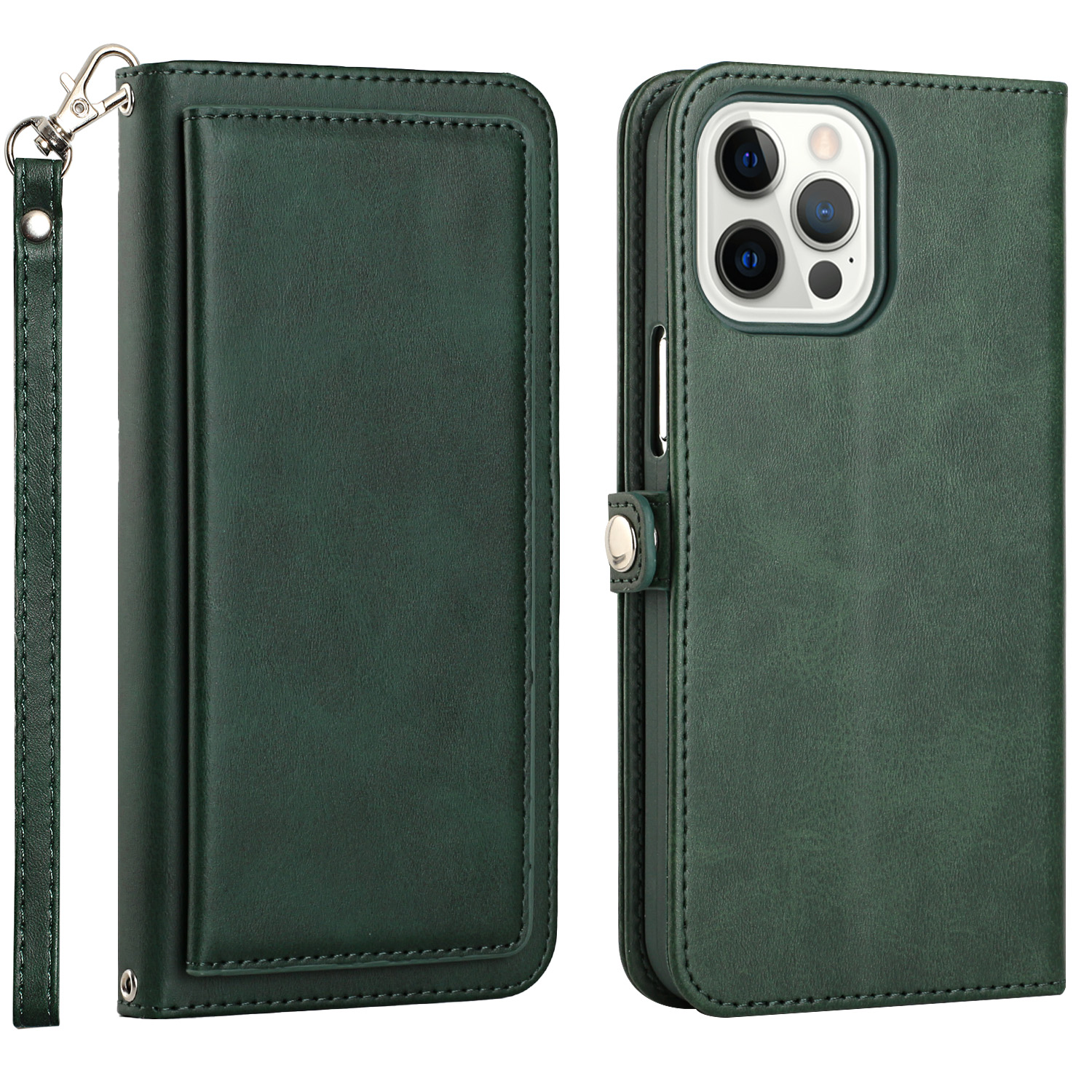 Double Layer Card Slots Flip WALLET Case with Strap and Stand for Apple iPhone 13 Pro Max