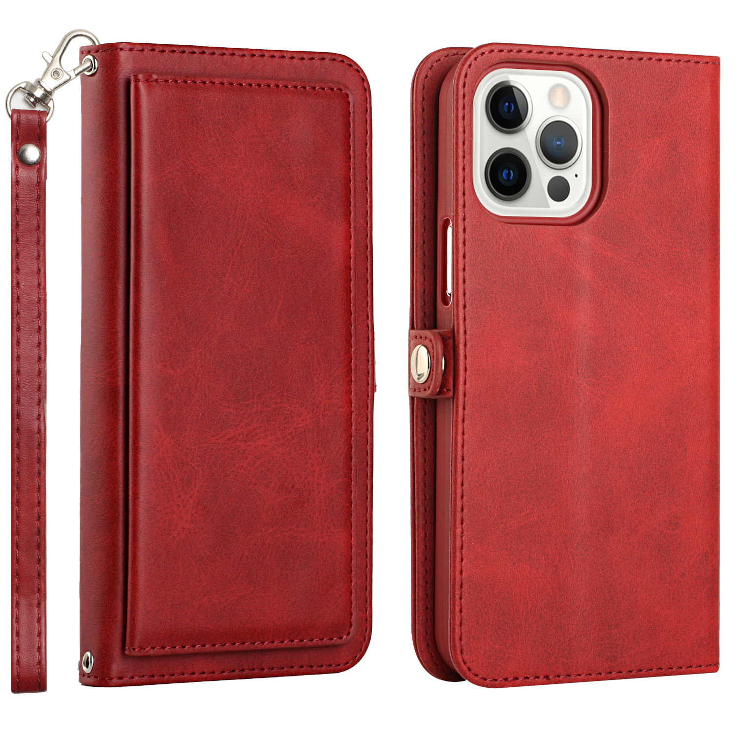Double Layer Card Slots Flip WALLET Case with Strap and Stand for Apple iPhone 13 Pro [6.1] (Red)