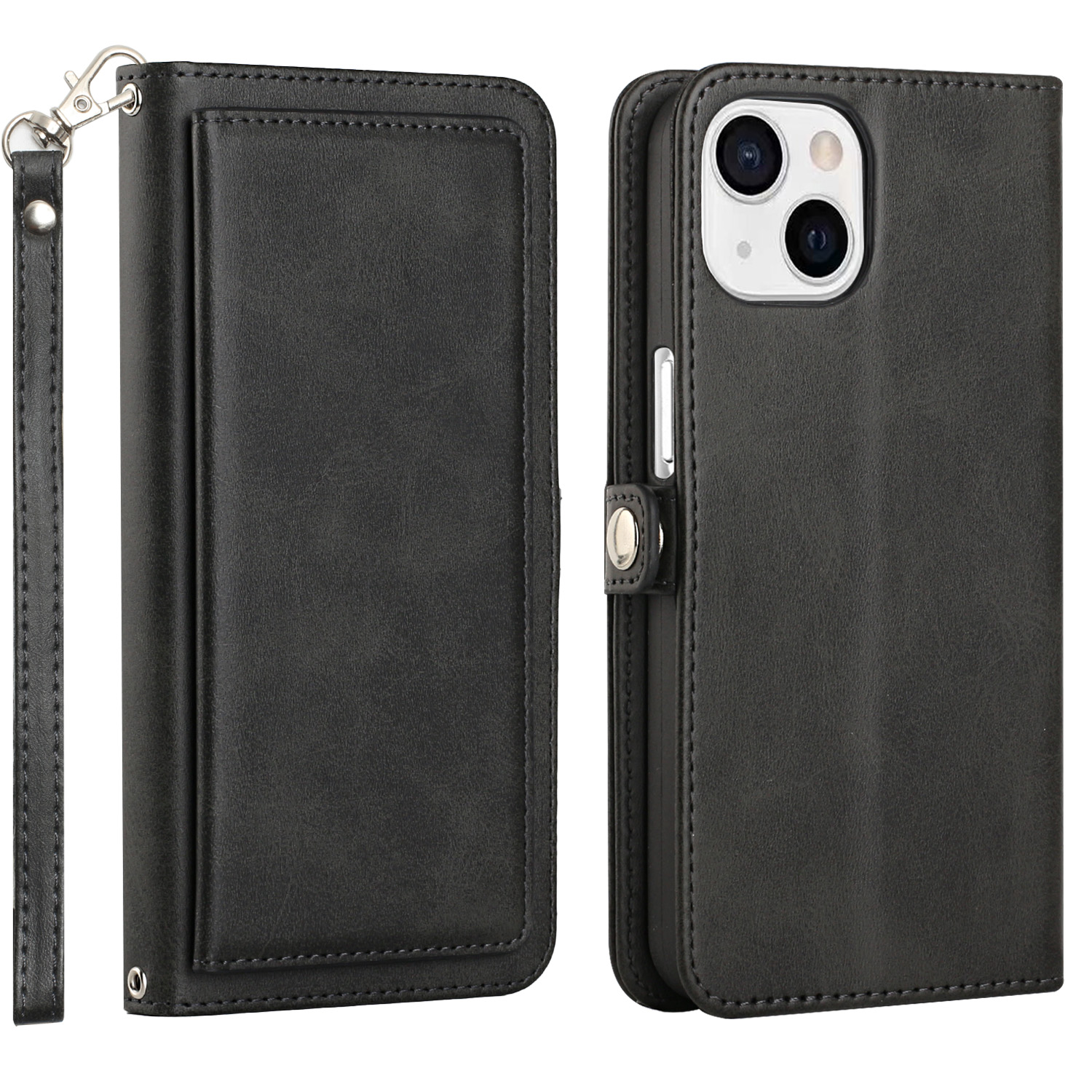 Double Layer Card Slots Flip WALLET Case with Strap and Stand for Apple iPhone 13 [6.1] (Black)