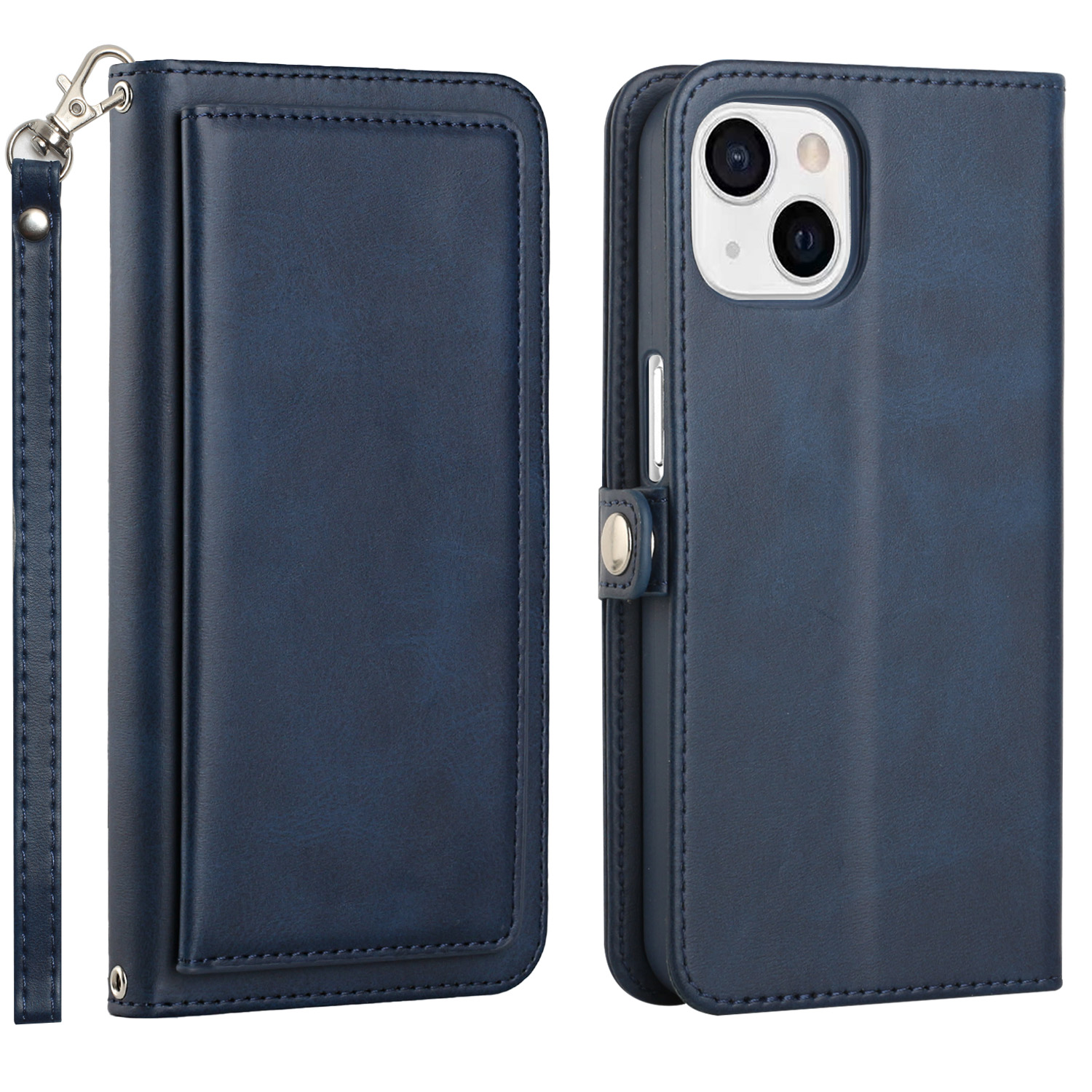 Double Layer Card Slots Flip WALLET Case with Strap and Stand for Apple iPhone 13 [6.1] (Navy Blue)