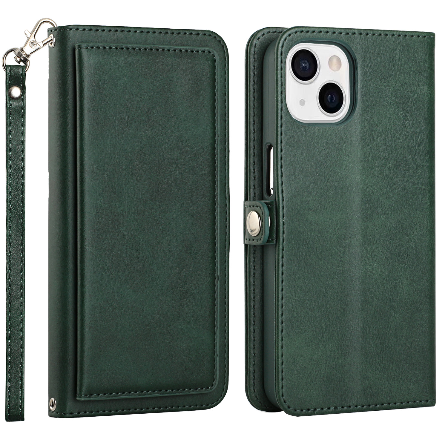 Double Layer Card Slots Flip WALLET Case with Strap and Stand for Apple iPhone 13 [6.1] (Green)