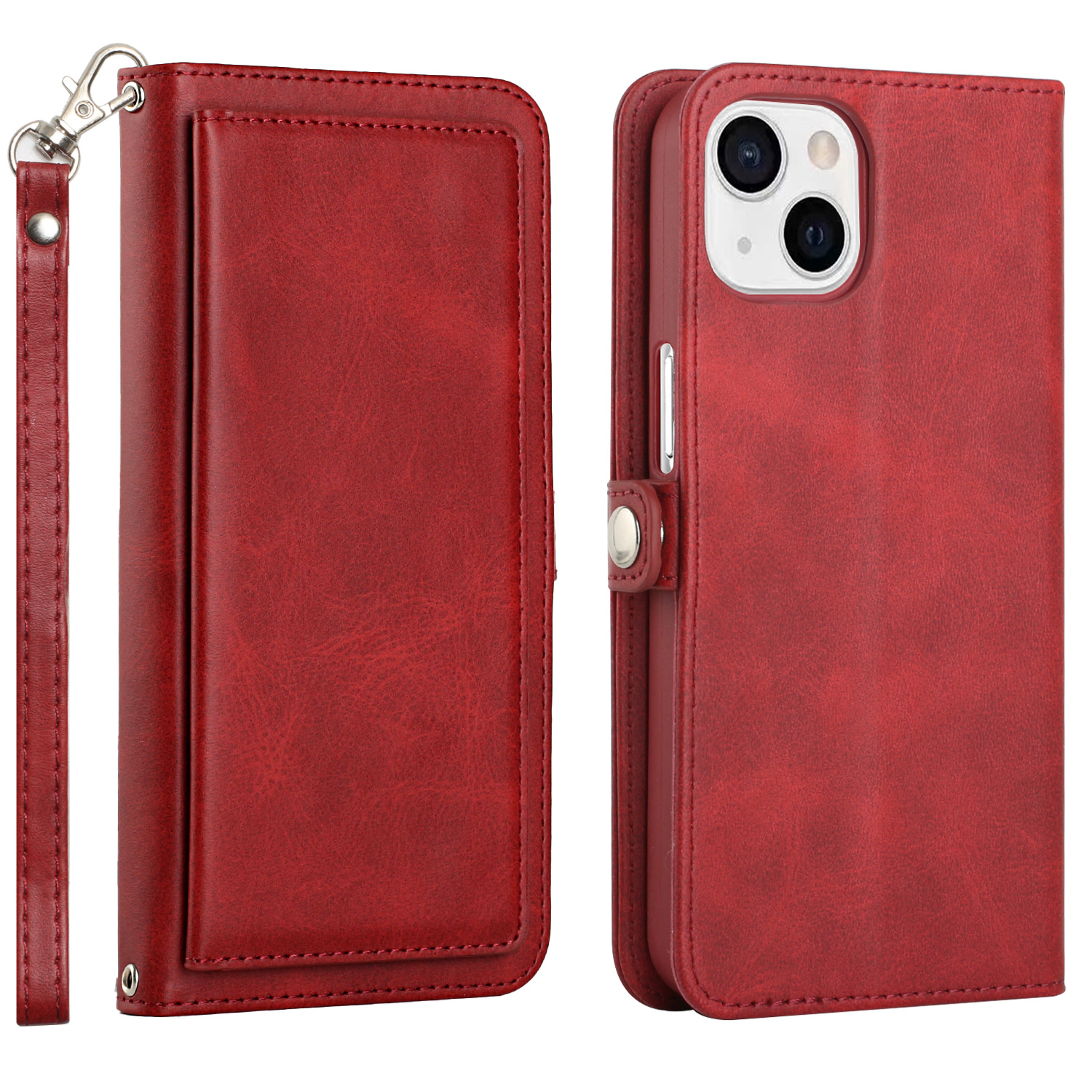 Double Layer Card Slots Flip WALLET Case with Strap and Stand for Apple iPhone 13 [6.1] (Red)