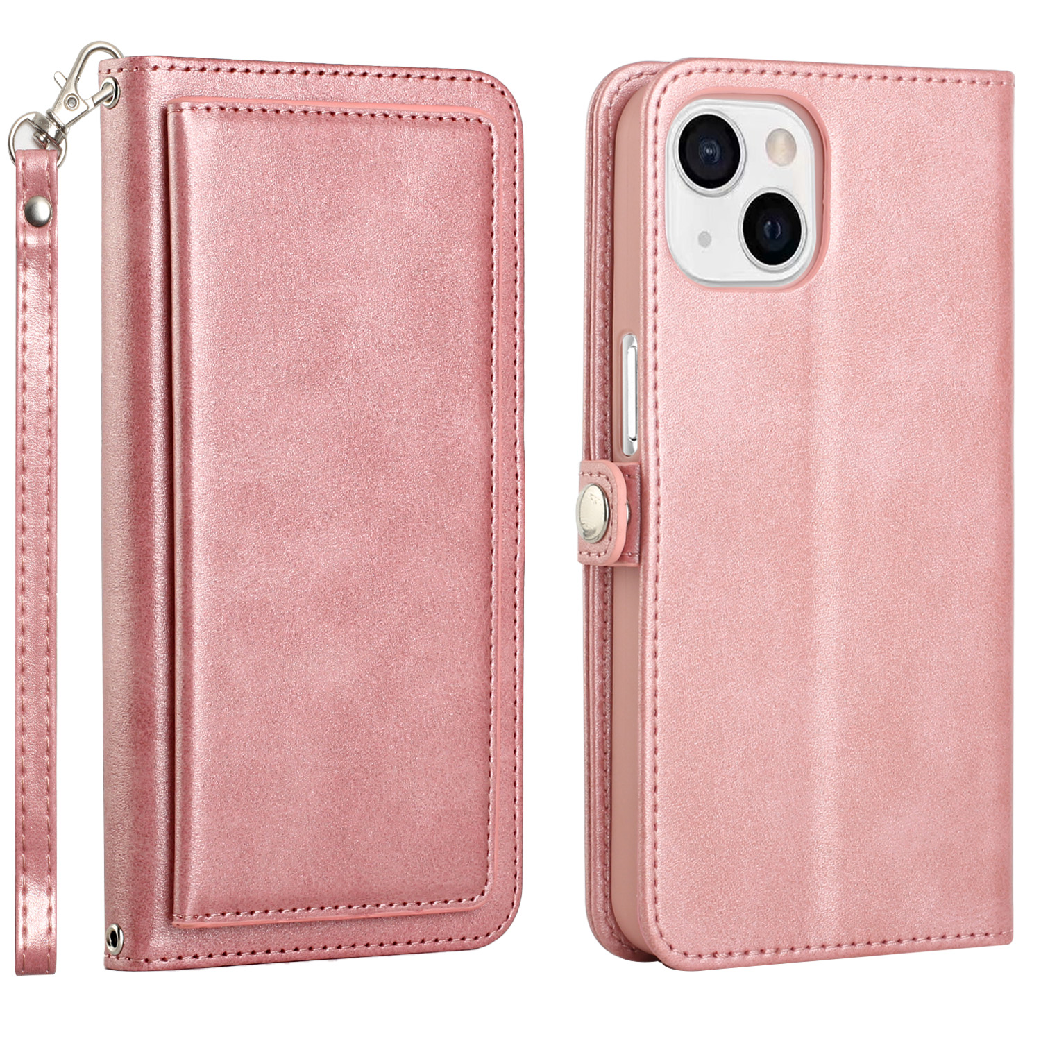 Double Layer Card Slots Flip WALLET Case with Strap and Stand for Apple iPhone 13 [6.1] (Rose Gold)