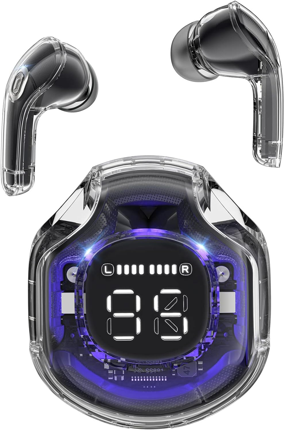 Elite Transparent TWS Earbuds: Clear Sound, Real-Time BATTERY Display, Universal Compatibility