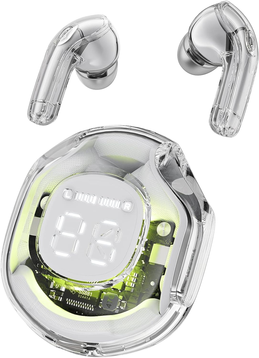 Elite Transparent TWS Earbuds: Clear Sound, Real-Time BATTERY Display, Universal Compatibility