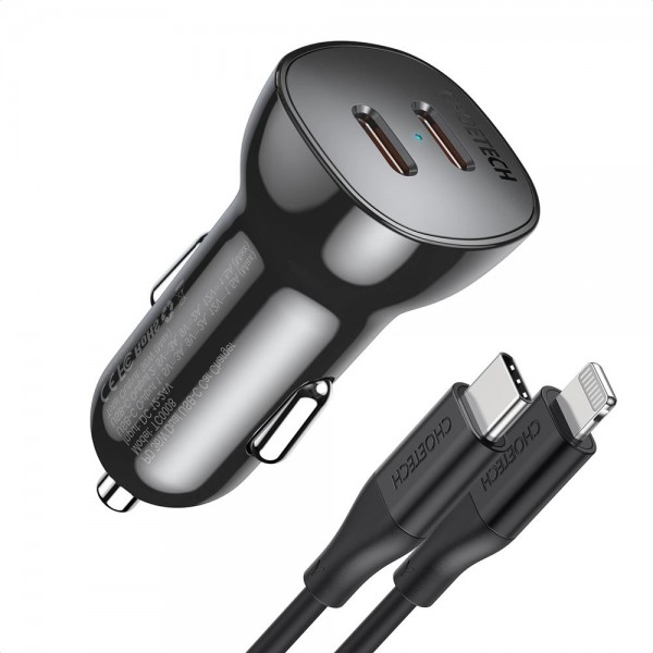 iOS iPHONE Lightning 2in1 Car Charger 36W PD QC Adapter with USB-C to Lightning Cable (Black)