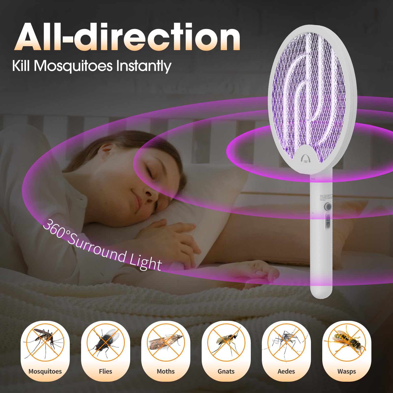 Foldable Electric Bug Zapper: 360 Rotating Handle, Portable Mosquito Swatter for Home & Outdoor