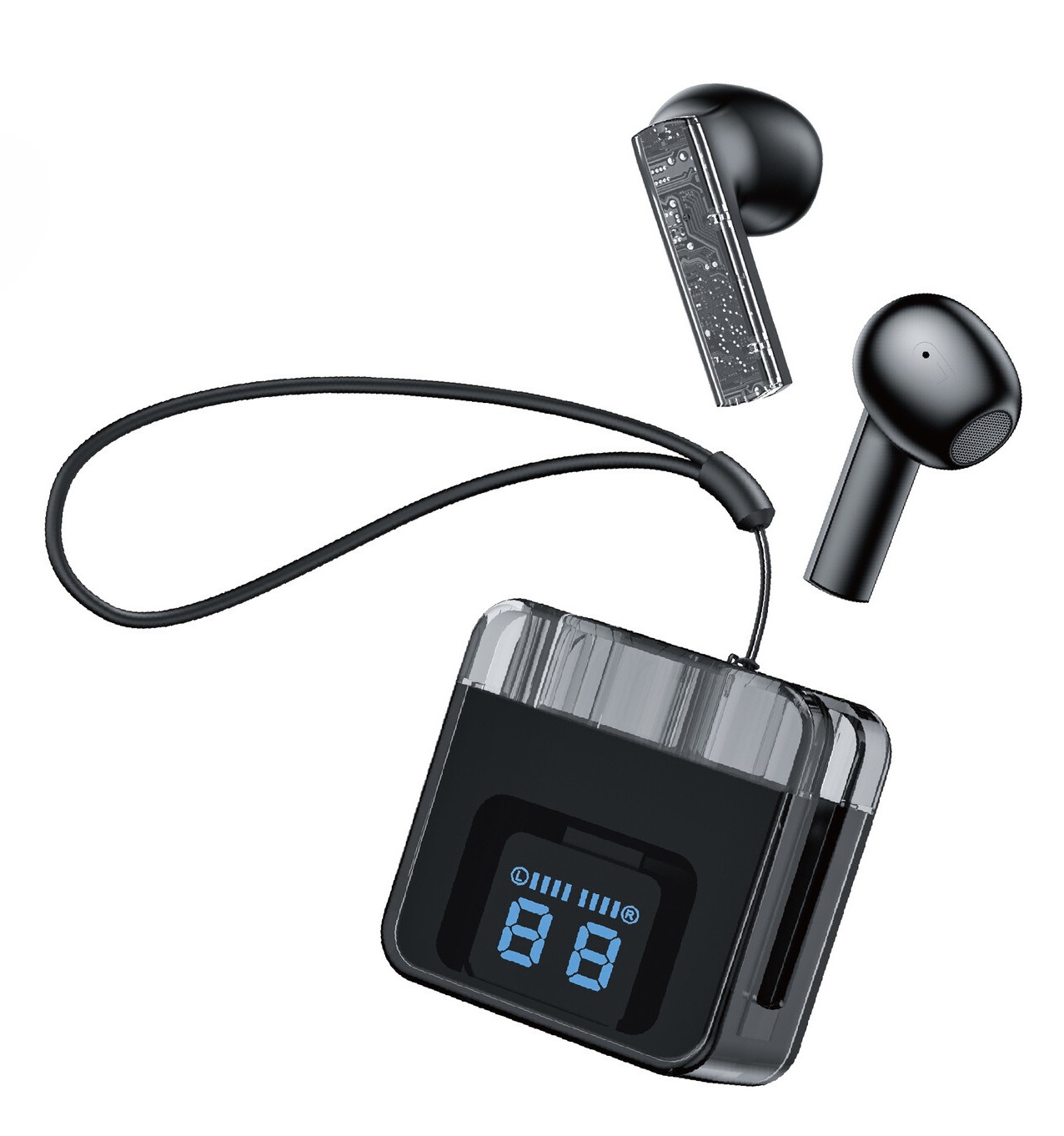 Transparent Semi-In-Ear Wireless Earphones with Noise Reduction and Digital Display (Black)