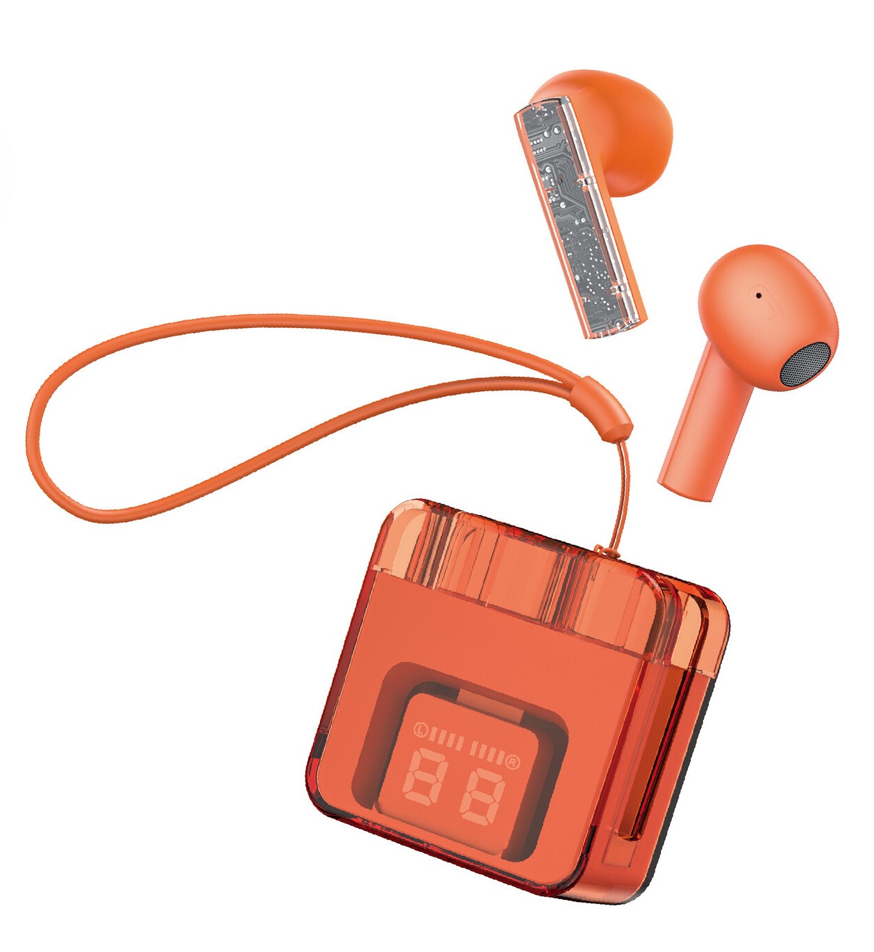 Transparent Semi-In-Ear Wireless Earphones with Digital Display & Strap F08 for Phones (Orange)