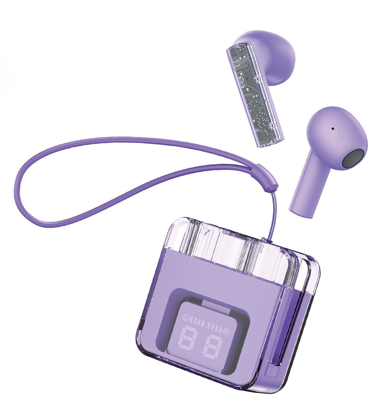 Transparent Semi-In-Ear Wireless Earphones with Digital Display & Strap for Universal Devices