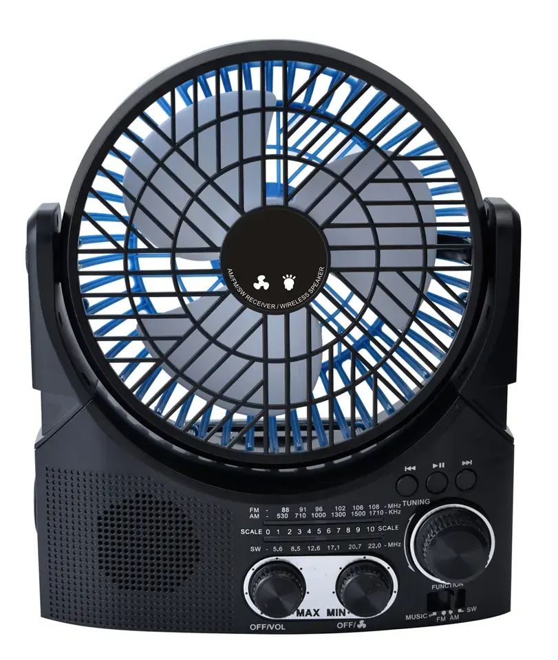 Solar-Powered Bluetooth Speaker with FAN, Radio, LED Light - Portable Outdoor Device (Black)