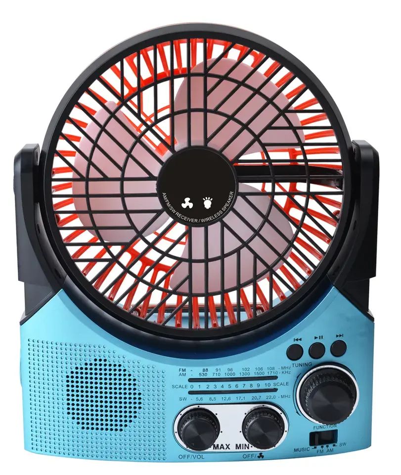Solar-Powered Bluetooth Speaker with Fan, AM/FM Radio & LED Flashlight - Portable FP335 (Blue)