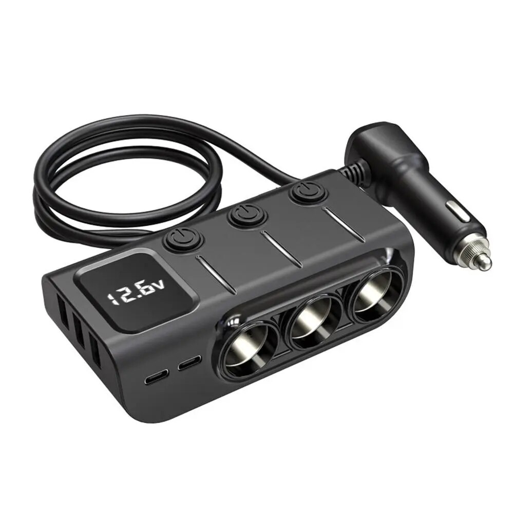 20W Car CHARGER: Fast USB PD, 3-Socket Splitter with Switches for Phones & Devices (Black)
