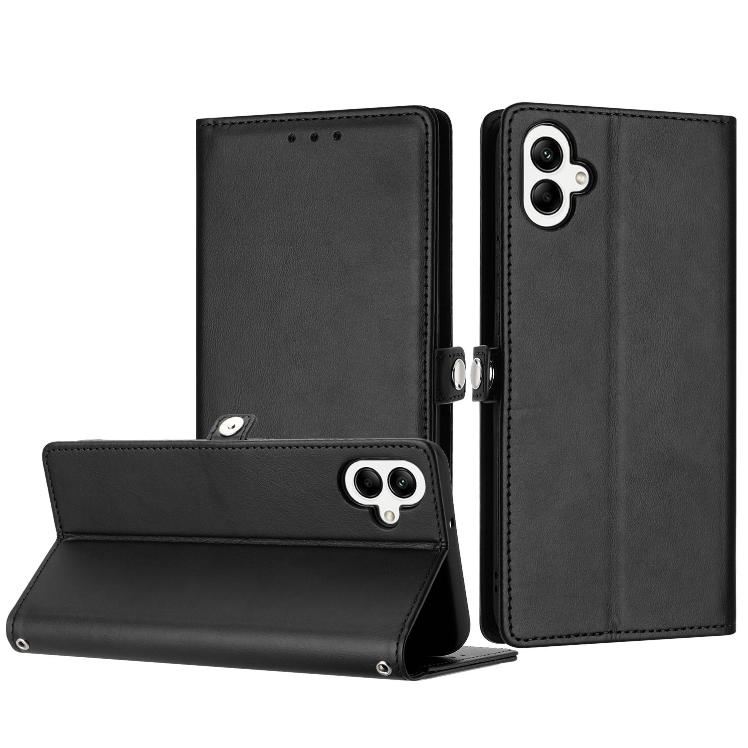 Premium PU Leather WALLET Case with Card Slots & Wrist Strap for Galaxy A05, Black
